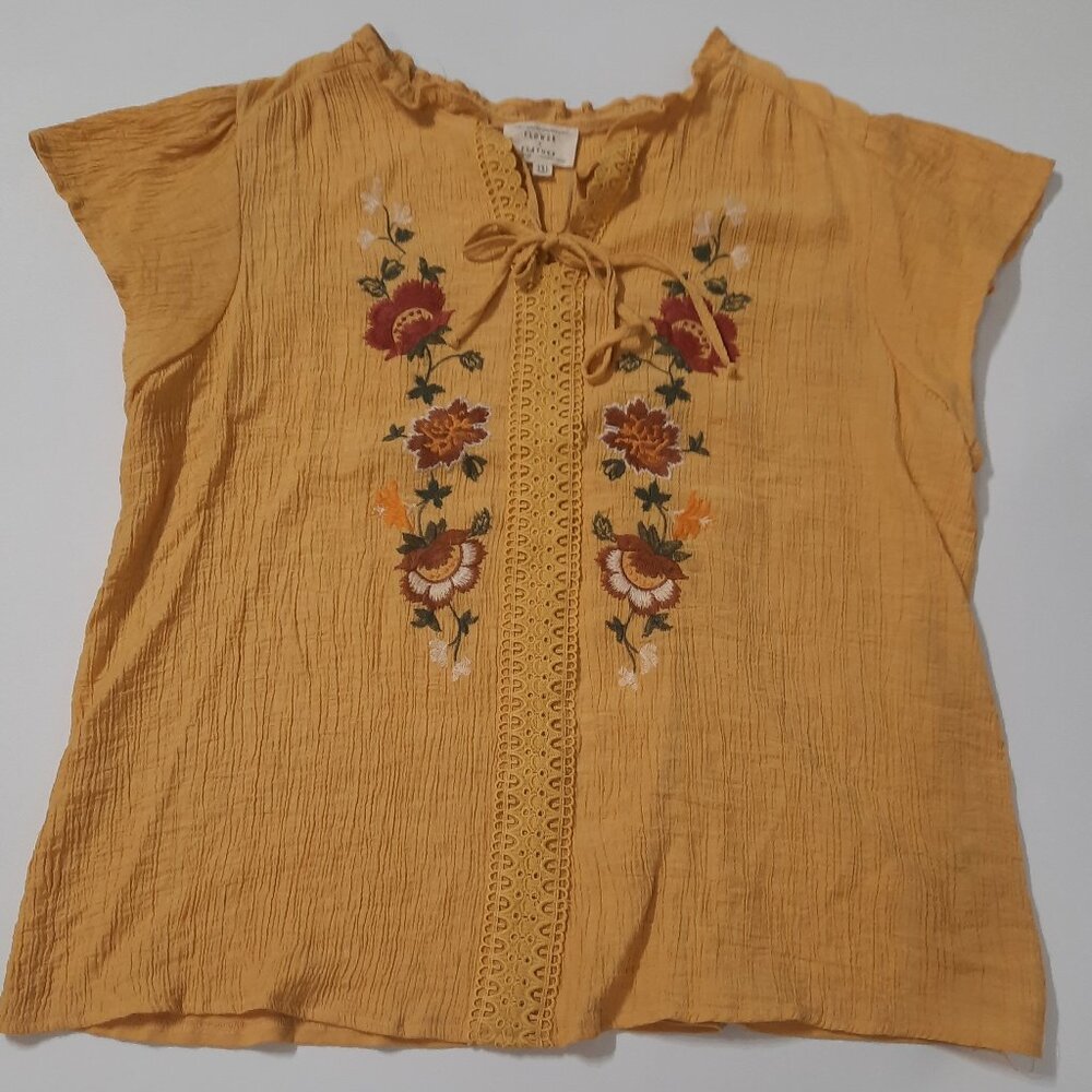 Flower & Feather Embroidered Boho Blouse Mustard Yellow Women’s 2XL Peasant